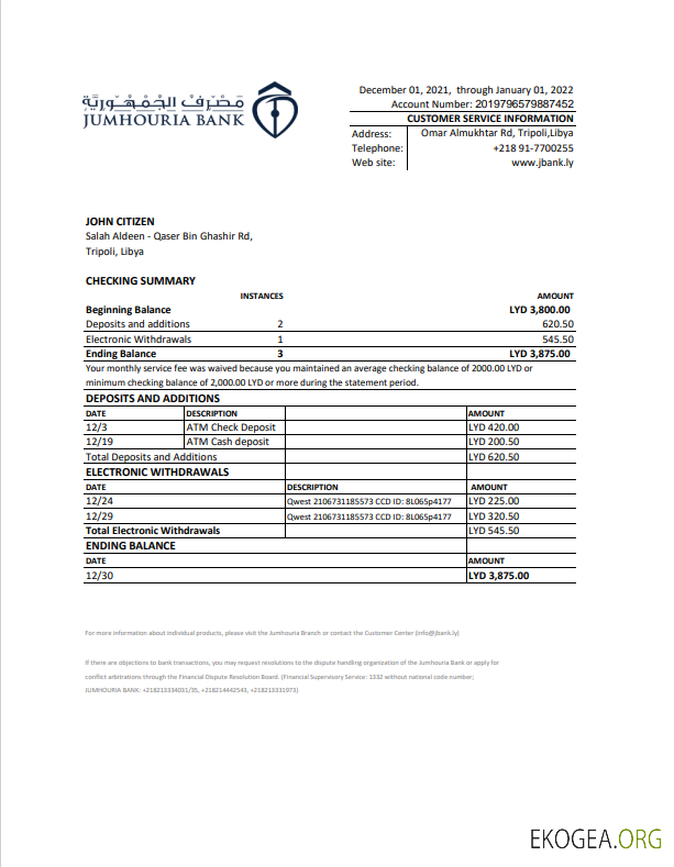 Modèle Excel et PDF de relevé bancaire Libye Jumhouria